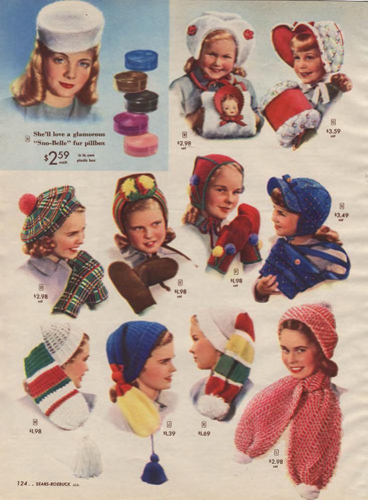 1940s girls fashion for winter time featuring winter hats and matching accessories like mittens and scarfs. All seen in a 1947 Sears Christmas Wishbook catalog