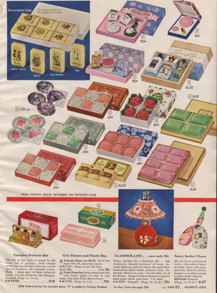 Christmas Gifts for mom! 1940s perfumed soaps in their pretty little packages as seen in a 1947 Sears Christmas Wishbook catalog