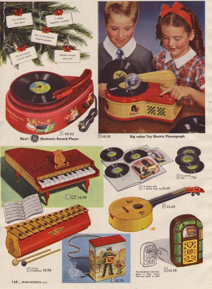 1940s vintage toys for kids as seen in a 1947 Sears Christmas Wishbook catalog featuring Musical instruments and mini electronic record player and phonograph for kids. 