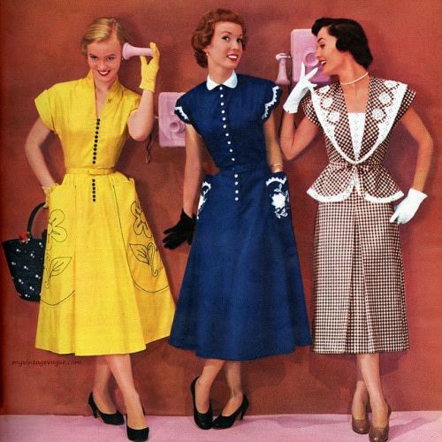 1950s Fashion Advertisement featuring Three 1950s Vicky Vaughn Junior Dresses. 