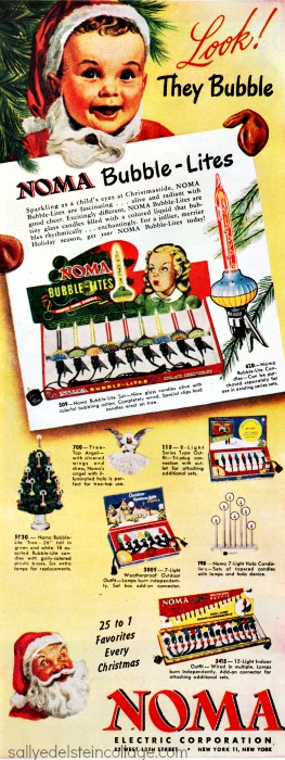 1940s vintage ad for Noma Bubble-Lites  from 1947 featuring an illustration of a child dressed up like santa and all the bubble lites you can buy for your Christmas Tree