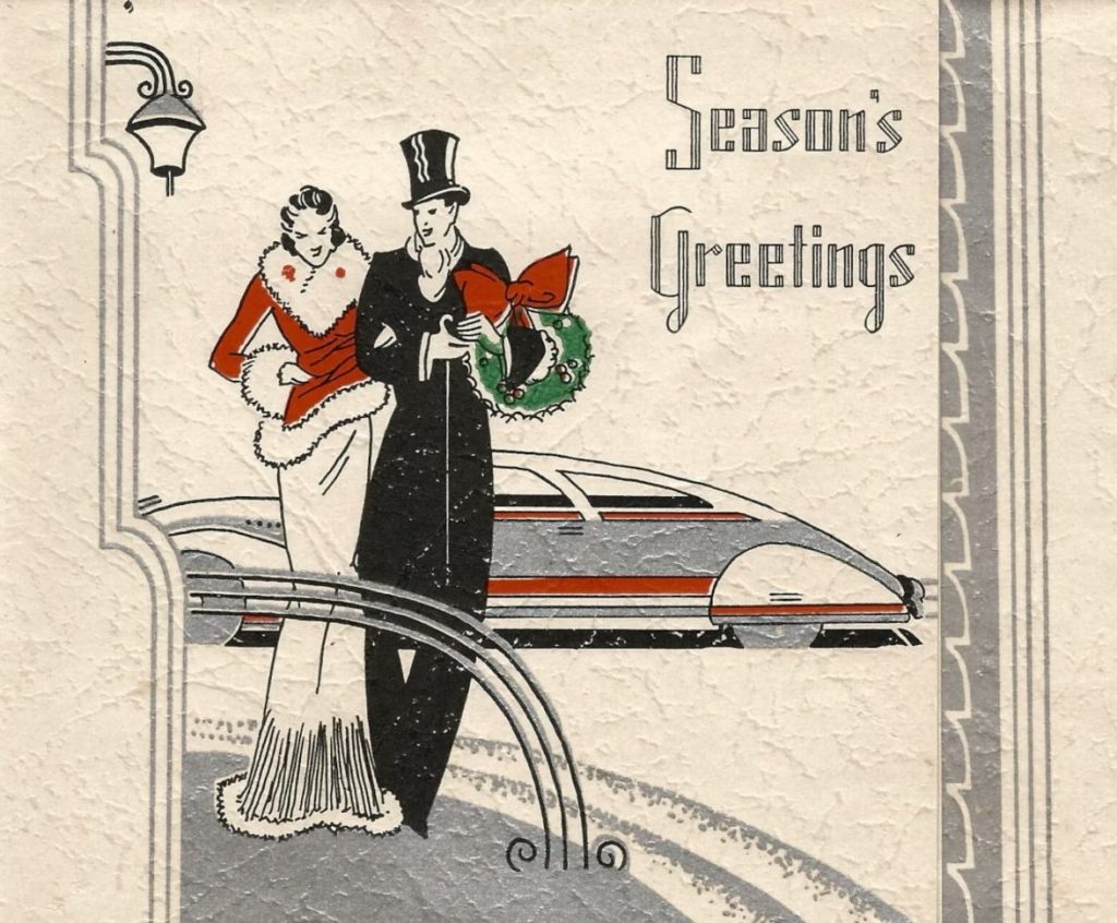 1930s Christmas Card: Vintage Season's Greetings Art Deco Christmas card featuring an illustration of a 1930s couiple with a futuristic 1930s car.