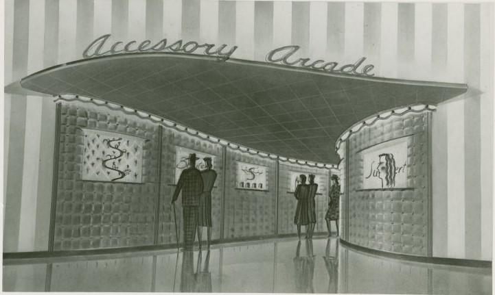 1940s vintage illustration of the Accessory Arcade at the 1939 1940 New York Worlds Fair World of Fashion exhibition