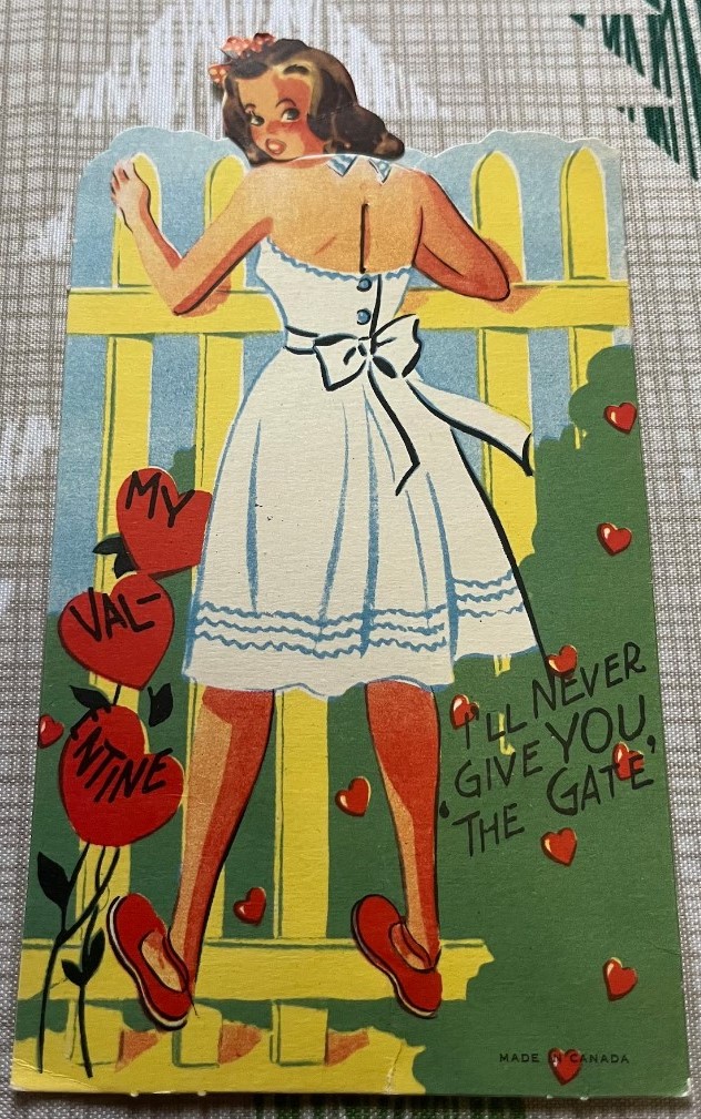 1940s vintage valentines day card featuring an illustration of a girl in a 1940s dress at a gate