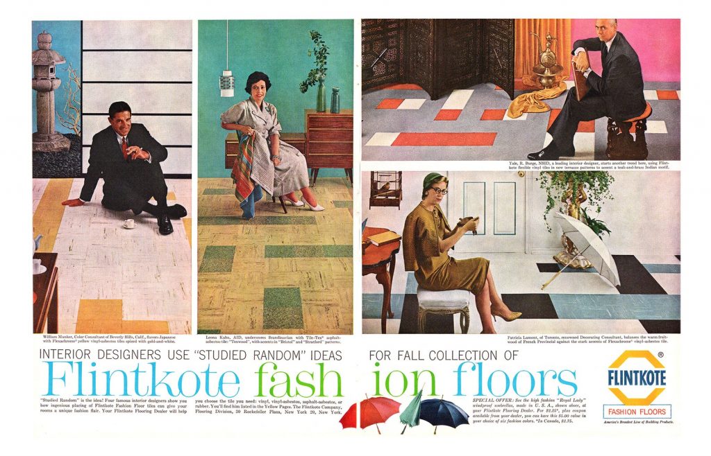 1960 Flintkote Floors Vintage Ad featuring various early 1960s people posing with their floors. 