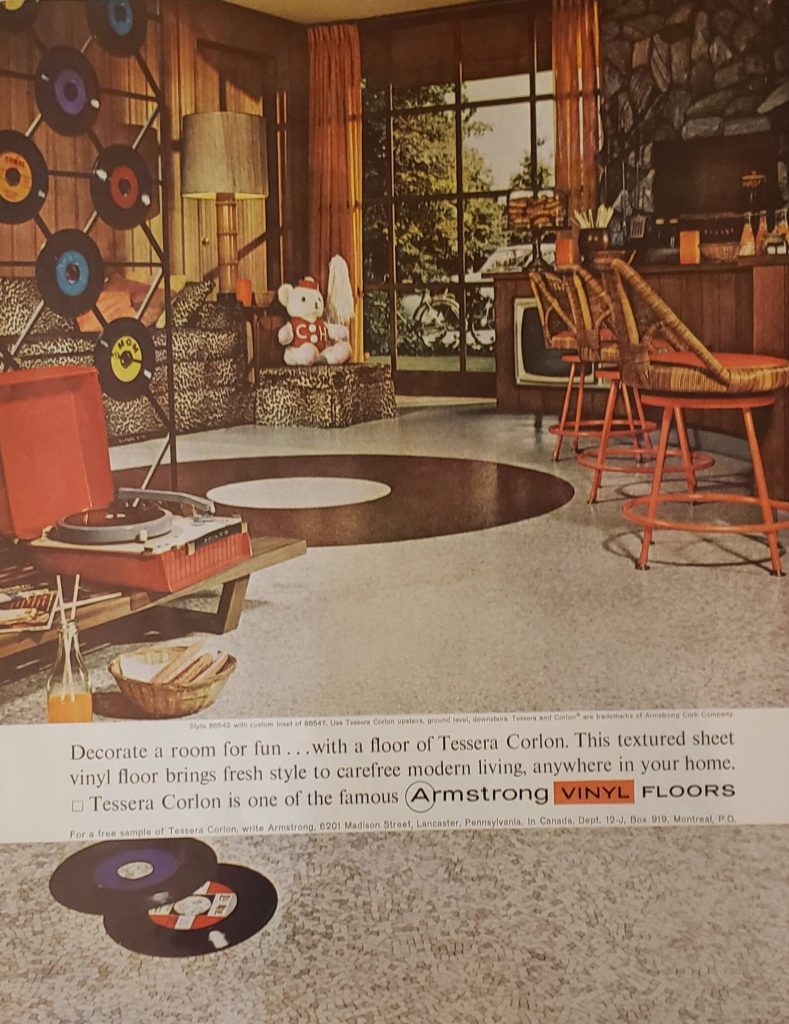 1960s vintage floor ad for Armstrong Vinyl Floors from 1960. What a fun party area to spend time with friends in while listening to records or having a drink at the bar and then relaxing on the leopard print sofa. Special shoutout to the record player screen and the tiki themed decor. 