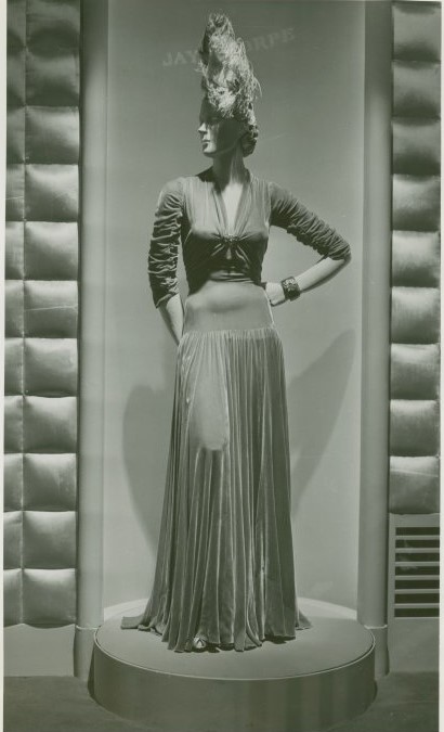 Late 1930s fashion: velvet gown on a mannequin at the Hall of Fashion exhibit at the 1939 New York City Worlds Fair.
