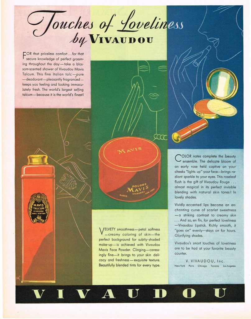 1920s vintage makeup advertisement for Vivaudou cosmetics featuring an art deco illustration of beauty products