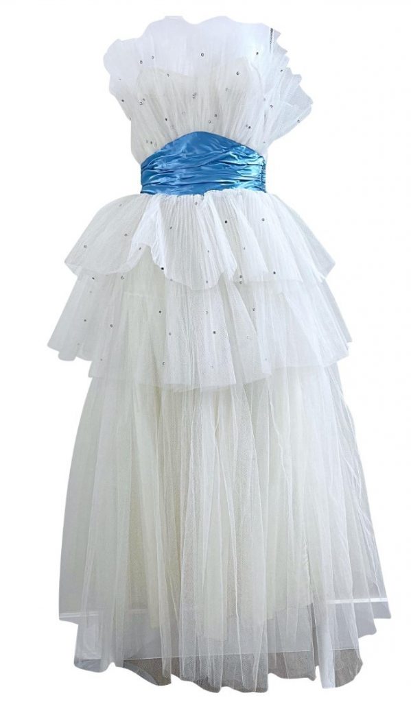 1950s Fashion: 1950s Fred Perlberg white and Robin’s egg blue rhinestone encrusted strapless gown ! Boned bodice. Hundreds of rhinestones really make this dress sparkle. Features layers of white tulle with blue silk satin around the waist