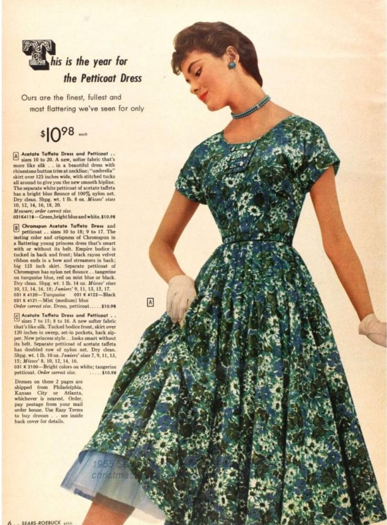 1950s fashion - The Petticoat Dress / a 1950s Fit and Flare dress style as seen in a 1955 Spring Summer Catalog from Sears