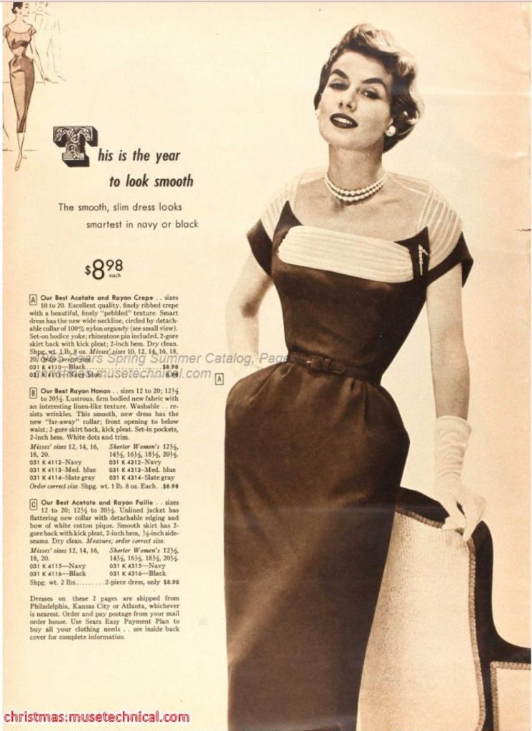 1950s Vintage Fashion as seen in a 1955 Spring / Summer Sears Catalog featuring an image of a woman in a 1950s Wiggle Dress