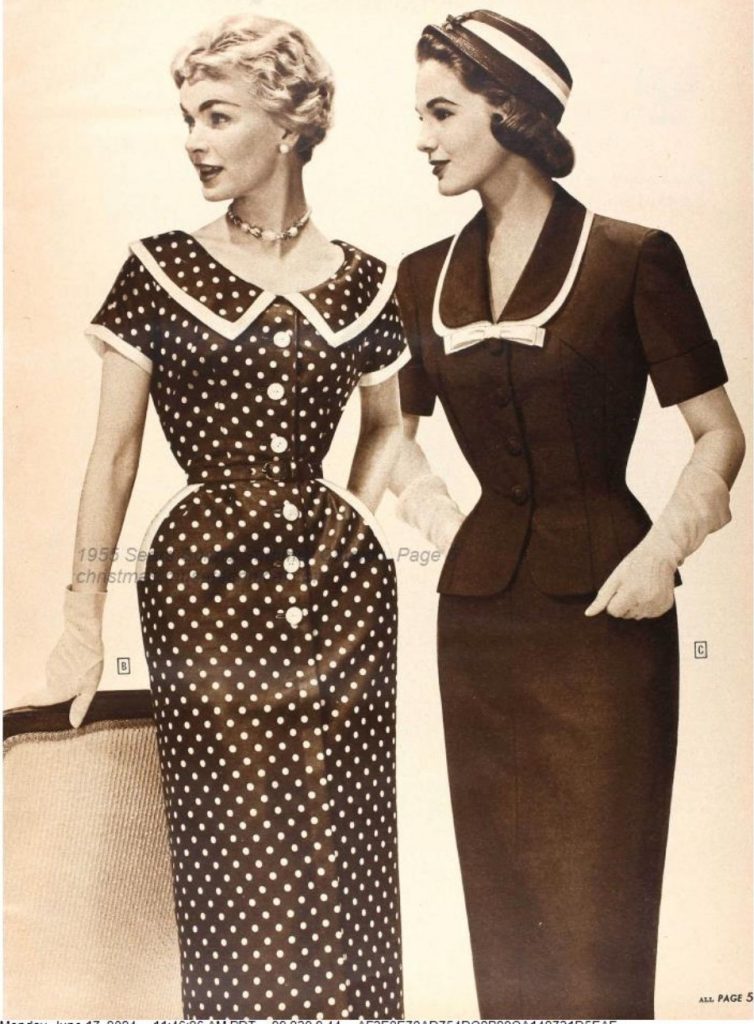 1950s fashion a womens wiggle dress or slim dress as seen in a 1955 Spring Summer Sears Catalog