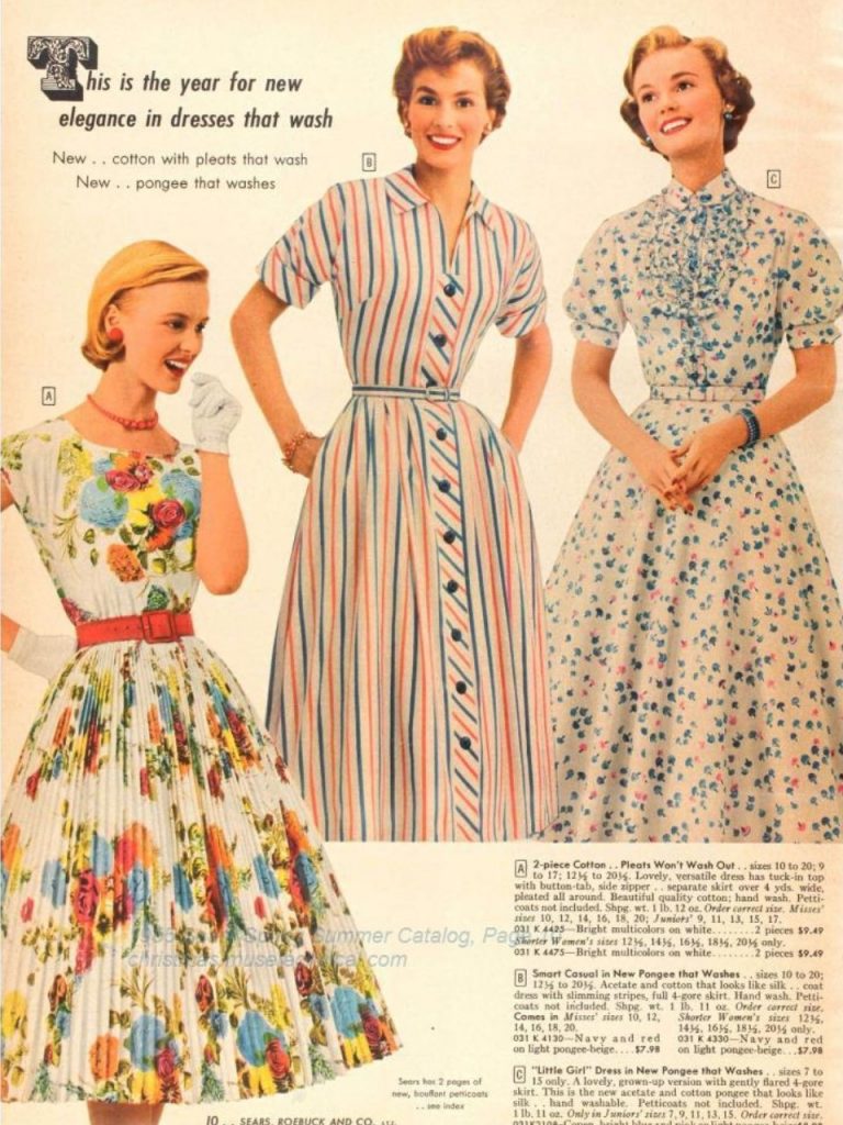 1950s fashion for Spring Sumer 1955 featuring women's 1950s fit and flare dresses and housedress in stripes, polka dots and floral