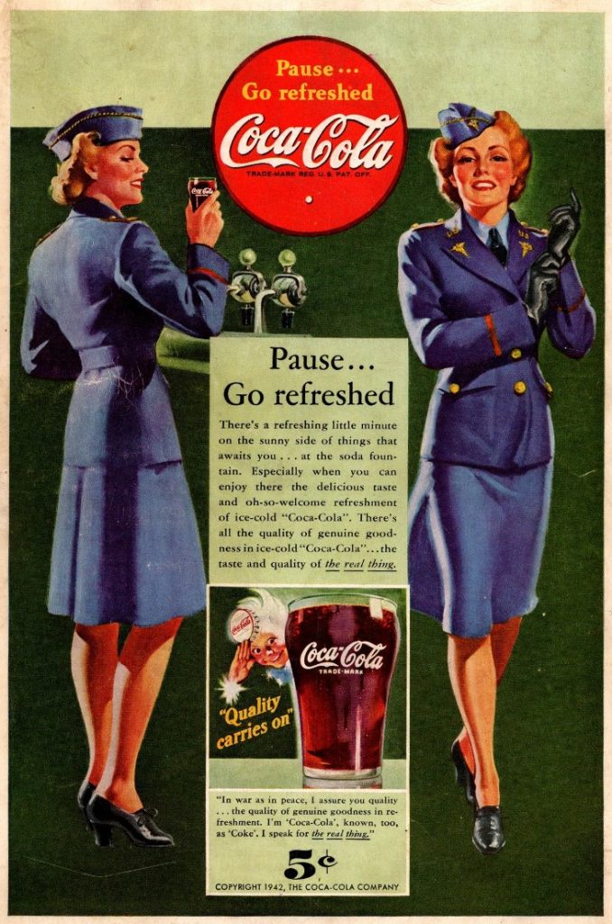 1942 Coca-Cola advertisement - Two women in WWII US Army Nurse Corps uniforms enjoying a coke.