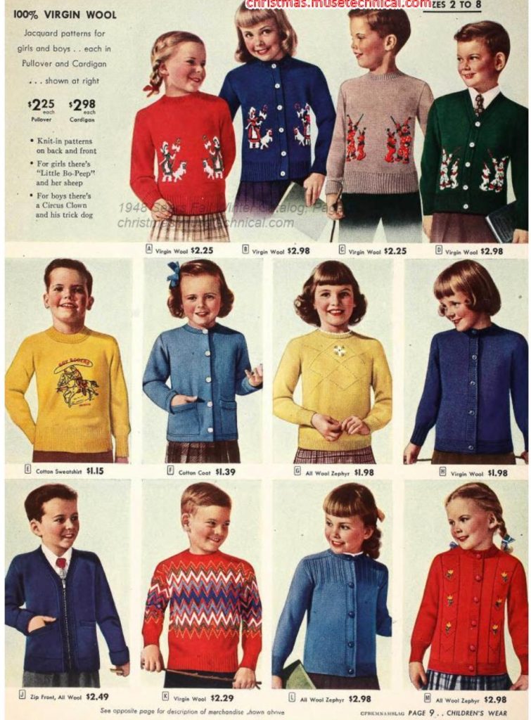 1940s vintage catalog page from a 1948 Sears Fall Winter Catalog featuring Sweaters and Cardigans for kids. Fun Fall Fashion Inspiration for kids. 1940s Fashion. 