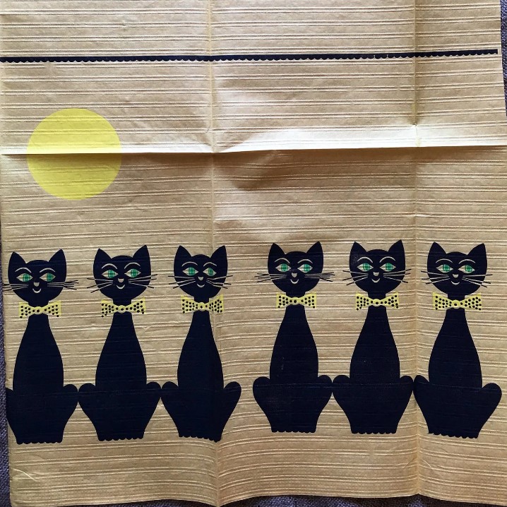 1960s Vintage Halloween Decoration-Black Cats with yellow bow ties. An authentic Vintage Mid Century 1960's Litho Printed Crepe Paper Halloween Party Decoration