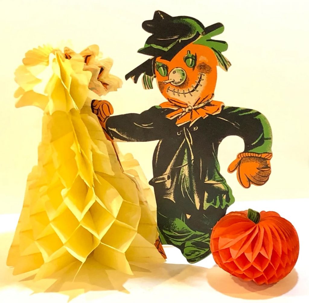 1960s vintage Halloween Decor-A Scarecrow Pumpkin Honeycomb Centerpiece. 