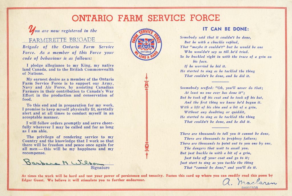 1940s Canadian Women's History: The Ontario Farm Service Force Farmerette Brigade pledge, signed by Bonnie Wilson. These young women were called 'Farmerettes' and they worked on farms helping to feed the soldiers overseas during WW2.