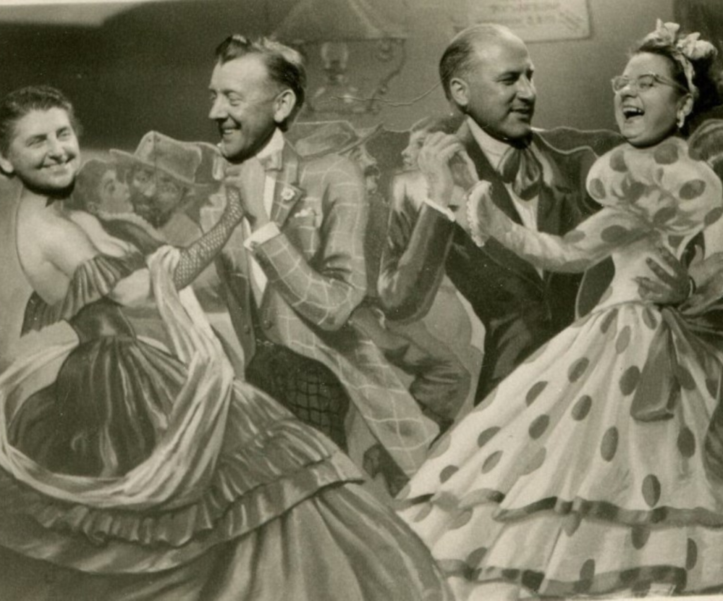 1950s Vintage Photo: a FUN 1950s photo of two couples at Knott's Berry Farm enjoying a fun photo booth cutout of couples dancing. 