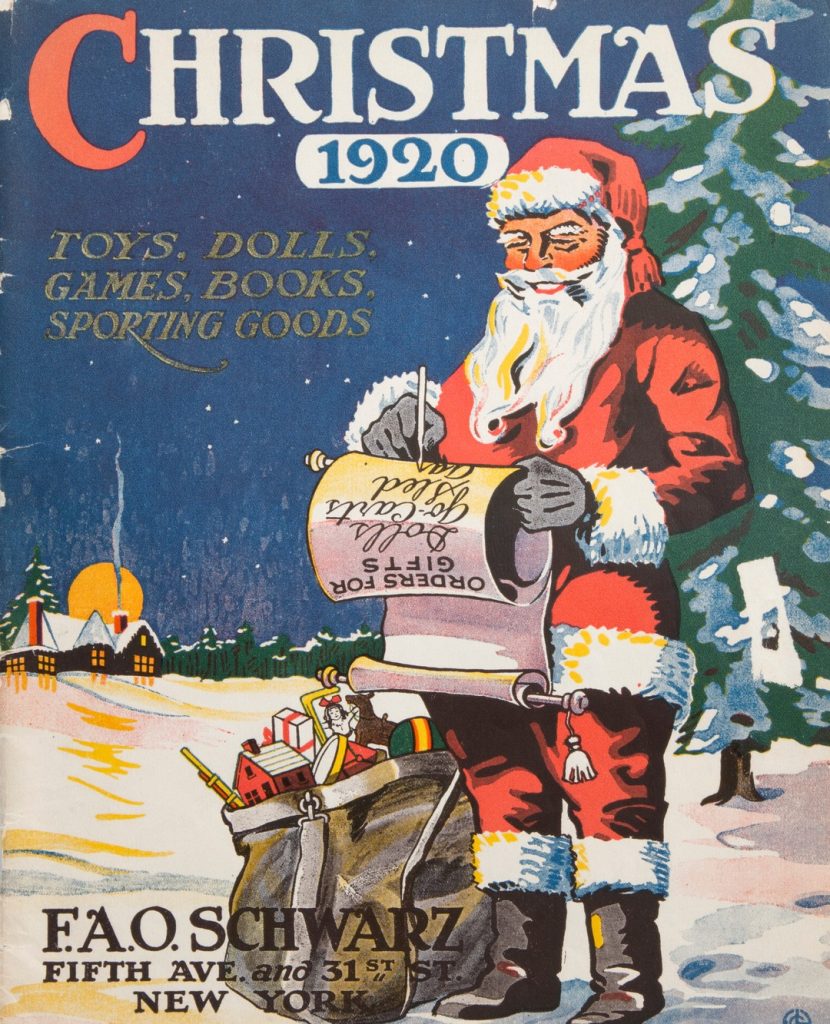 1920s Vintage Catalog Cover-FAO Schwarz Christmas Catalog in 1920 featuring an illustration of Santa checking his list. 