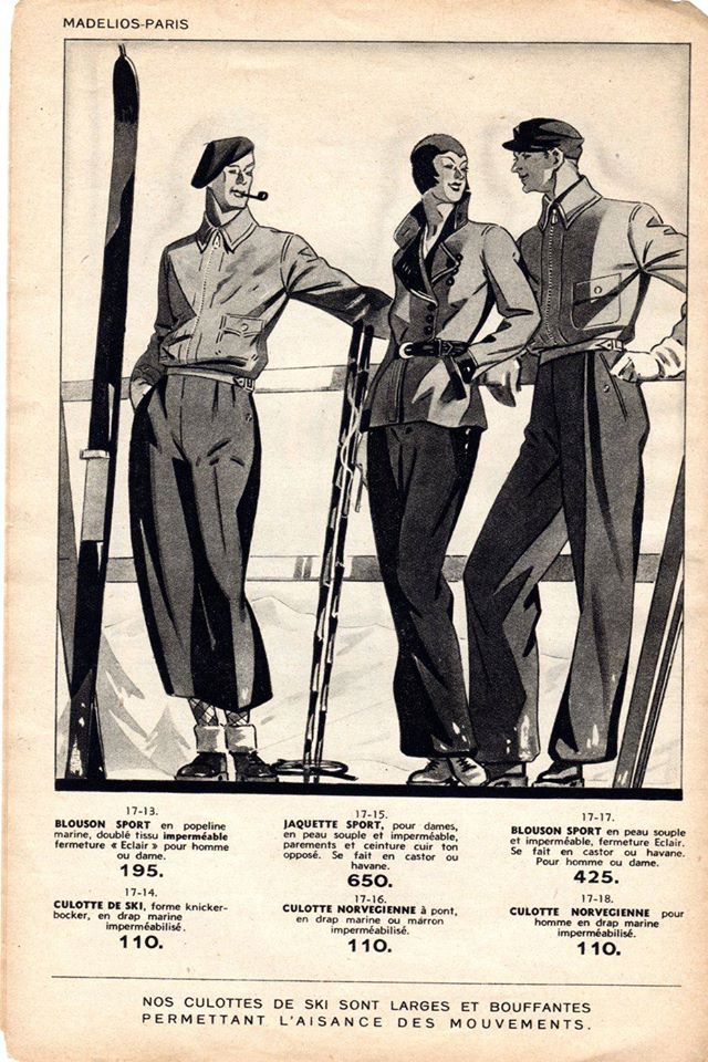 1920s vintage catalog page for 1920s ski fashions for men and women. Fantastic European 1920s fashion.