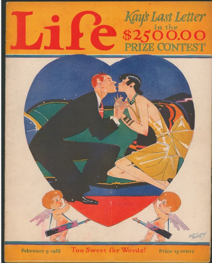 1920s vintage magazine: February 9th, 1928 Life magazine cover featuring a lovely art deco illustrations of a couple kissing. Vintage Valentine's day magazine. 