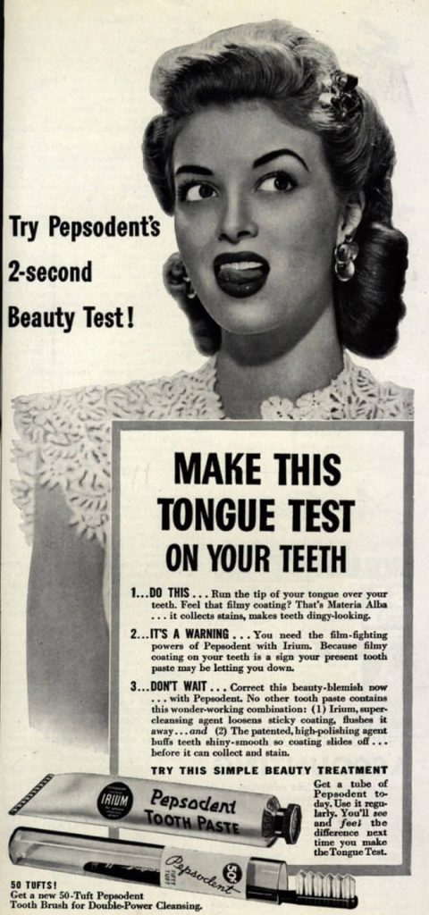 1940s vintage advertisement-1940s Pepsodent toothpaste ad featuring an image of a 1940s woman wearing a 1940s hairstyle. 