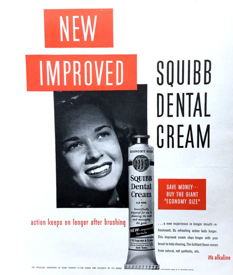 1940s Vintage Advertisement: 1948 Squibb Dental Cream Vintage Ad (toothpaste advertisement).