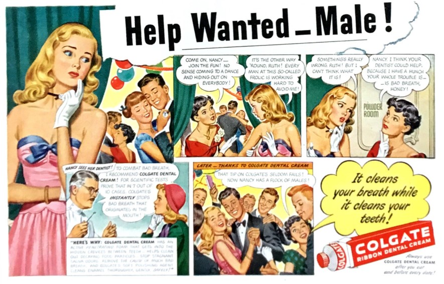 1940s vintage advertisement for Colgate toothpaste featuring a cartoon of a young woman in 1940s hairstyles and 1940s fashions at a dance.