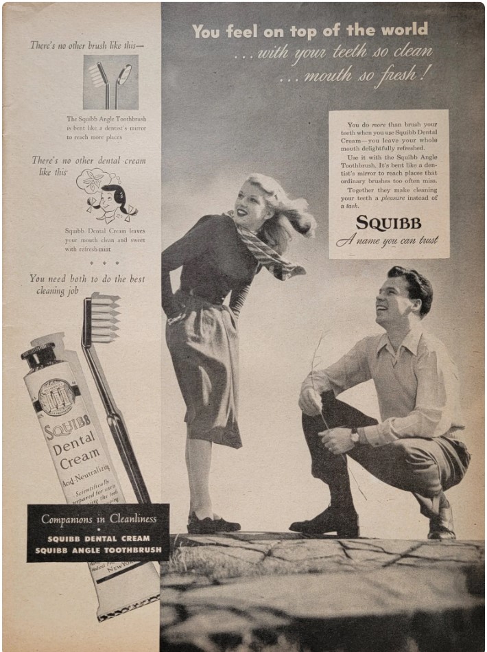 1940s Vintage Advertising for SQUIBB Dental Cream from 1947 featuring an image of a couple in 1940s fashion. Fun vintage toothpaste advertising. 