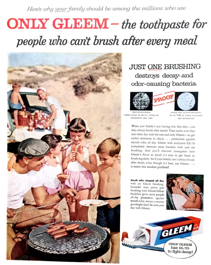 1950s vintage advertising-1950's Gleem Toothpaste Vintage Ad featuring a family on the beach and a couple kissing. 