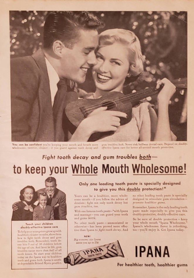1950s vintage advertisement: 1950 IPANA toothpaste advertisement featuring a 1950s couple and 1950s family in the ad. 