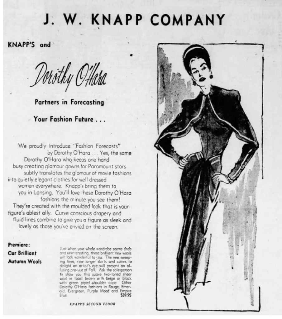 1940s vintage advertisement for Knapps stores talking about having the new Dorothy O'Hara dresses from her line 'Fashion Forecasts' in the store.