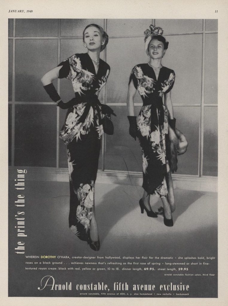 1940s vintage advertisement / 1940s fashion ad from Arnold Constable store featuring floral late 1940s dresses from Dorothy O'Hara
