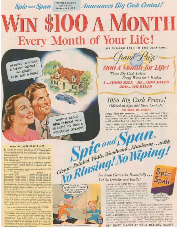 1940s vintage advertisement-1947 Spic and Span Ad featuring an illustration of a Happy Couple and Big Cash Contest. 