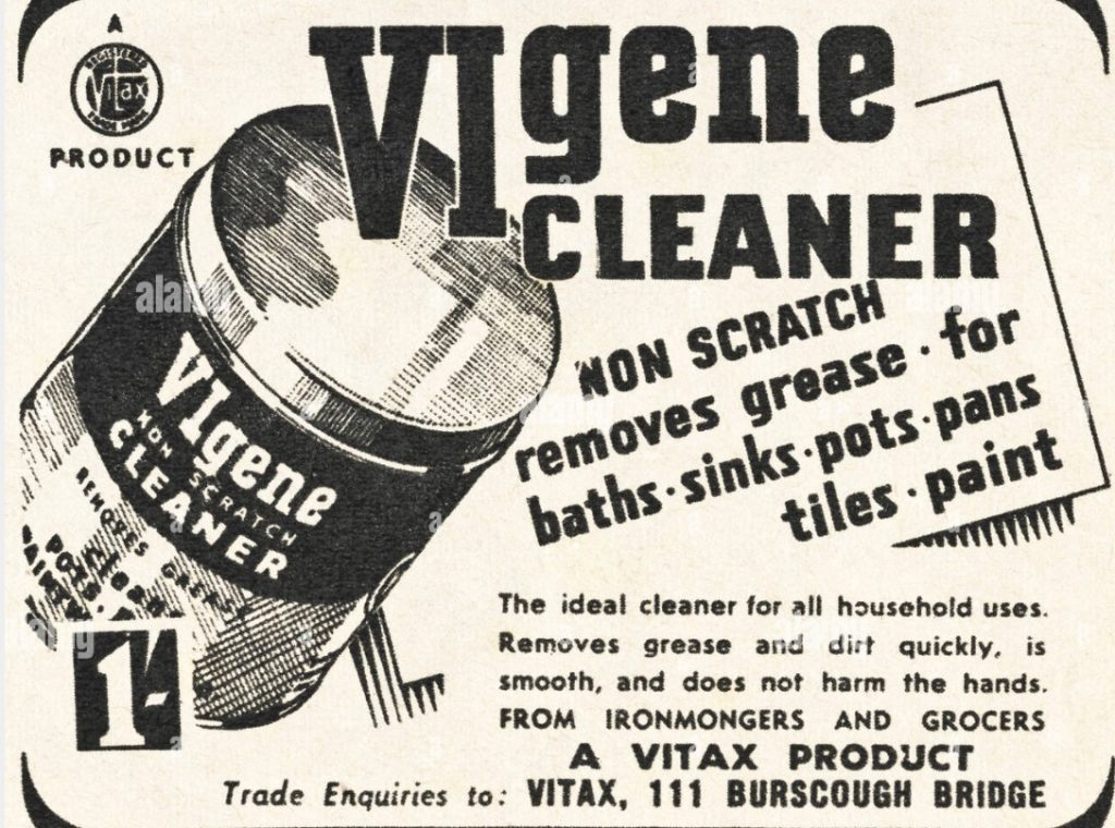 1940s Vintage Advertisement from 1947 for Vigene Cleaner that cleans your pots, pans, sinks, baths and more! 1940s vintage Spring Cleaning / Household products. 
