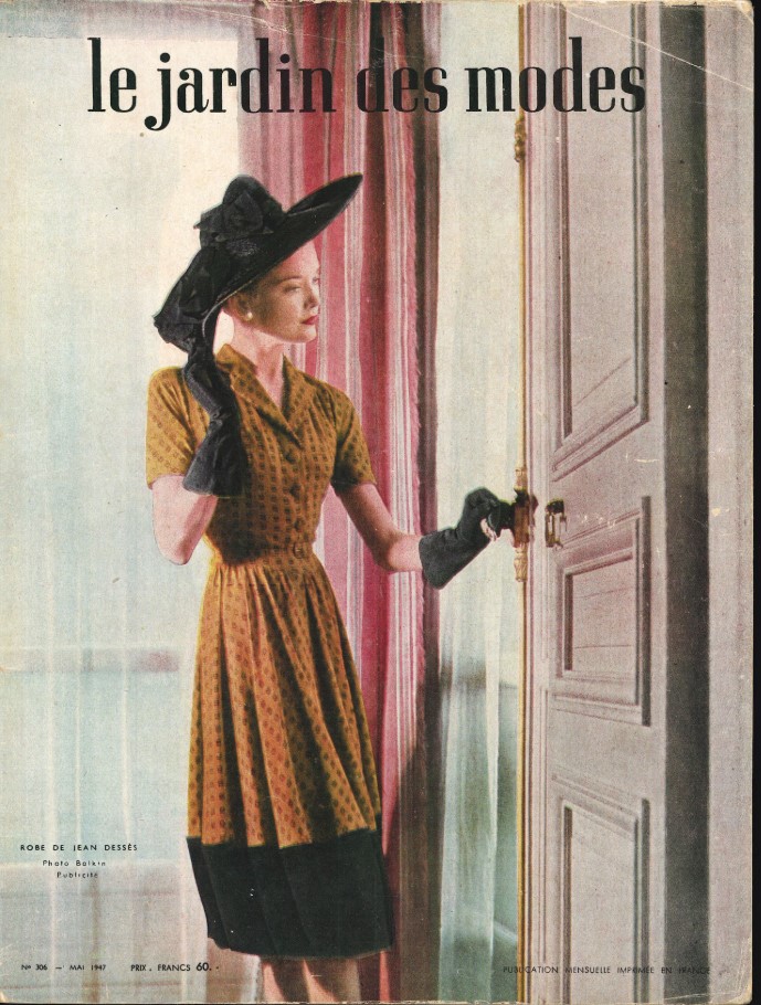 1940s vintage magazine cover for 'Le jardin des modes' featuring a woman in a 1940s dress and 1940s hat. Year: 1947. 