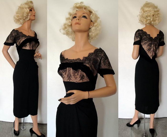 1950s Fashion: 1950s Cocktail Dress with a nude Illusion shelf bust and back from Dorothy O'Hara. 