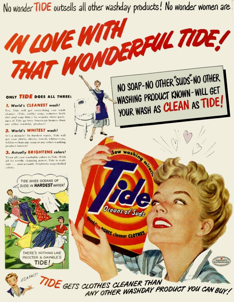 1950s Vintage Advertisement for Tide Detergent featuring an illustration of a 1950s Housewife. 