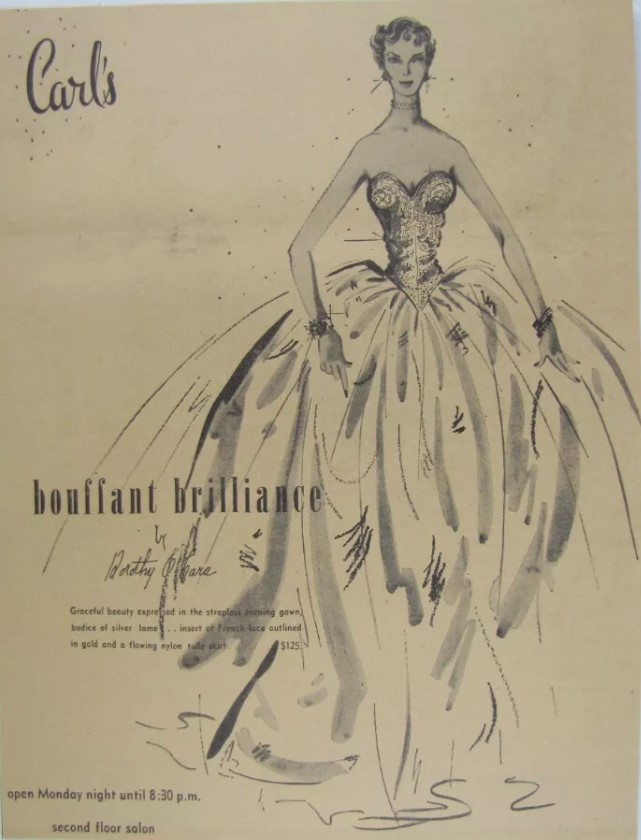1950s fashion advertisement / fashion illustration of a 1950s strapless evening gown by Dorothy O'hara as seen in a newspaper ad. 