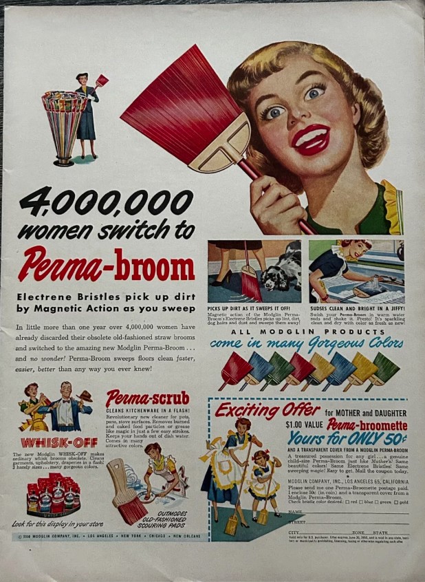 1950s vintage advertisement for PERMA-BROOM featuring an illustration of 1950s Housewives holding brooms for their household cleaning needs. 