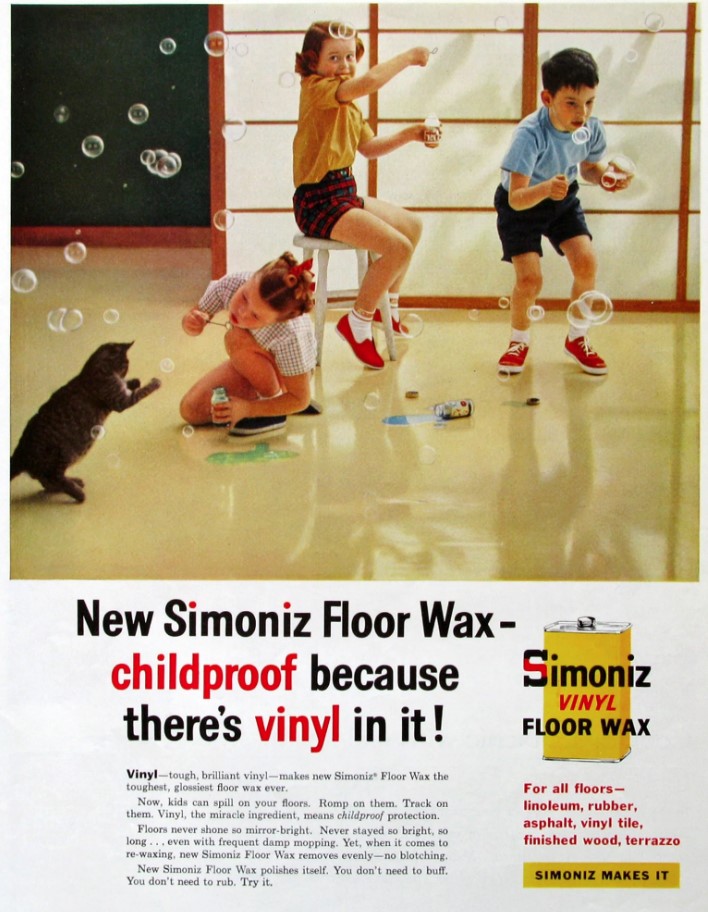 1950s vintage advertising: 1958 Simoniz Floor Wax Ad featuring a photo of kids playing with bubbles with a cat. Fun vintage cleaning product advertisement. 