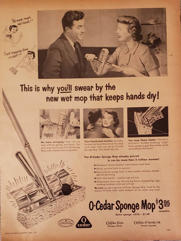 1950s Vintage advertisement: 1951 O-CEDAR Sponge Mop Floor Cleaning ad featuring a 1950s housewife and her husband. 