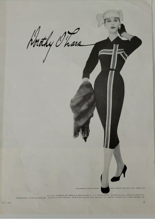 1950s vintage advertisement / 1950s vintage ad: 1956 Dorothy O'Hara Dress advertisement -women's sheer wool form fitting 1950s dress
