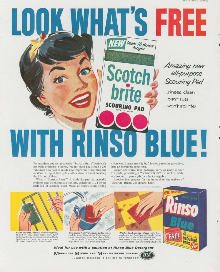 1950s vintage advertisement-1959 vintage advertisement for Rinso Scouring Pads featuring an illustration of a 1950s Housewife. Fun vintage Spring cleaning ad.