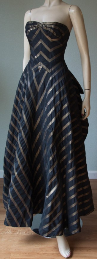 1950s Fashion: Late 1940s Dorothy O'Hara Strapless Lame' Full Length Evening Gown with Pleated Bust and Bustle-Back