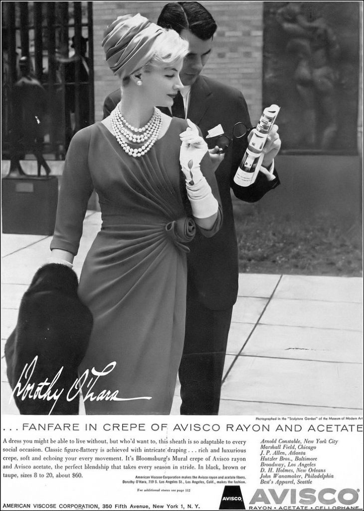 1960s vintage advertisement / 1960s fashion: Sunny Harnett in side-draped crêpe sheath by Dorothy O'Hara, Avisco ad, Harper's Bazaar, July 1960.