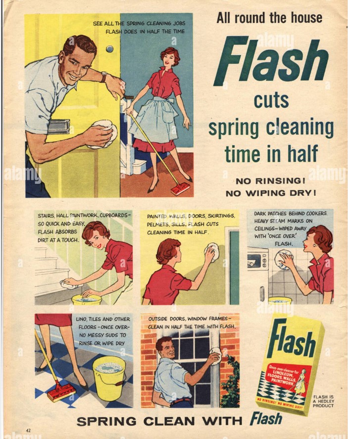 1960s Vintage Advertising: "All round the house FLASH cuts spring cleaning time in half". 1960s UK Flash cleaning product featuring illustrations of all the things in your home it cleans. 