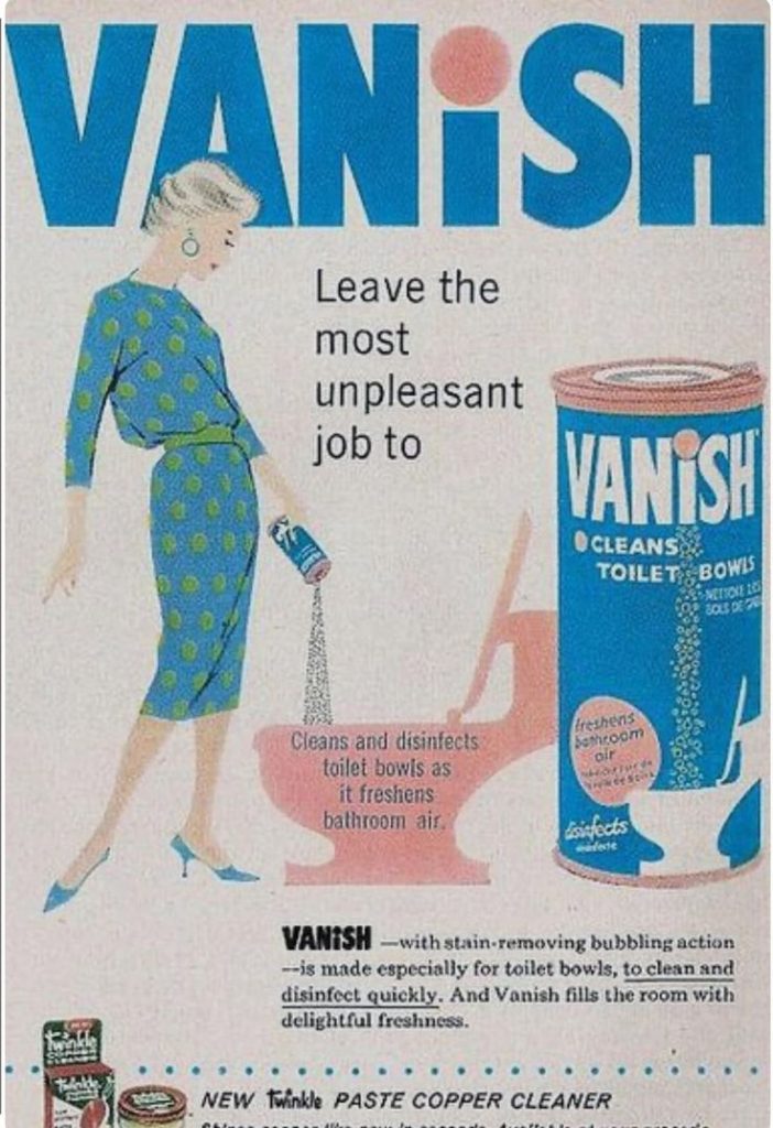 1960s vintage advertisement for Vanish toilet bowl cleaner featuring an illustration of a 1960s housewife in a 1960s dress cleaning the toilet bowl. Vintage cleaning product ad. 