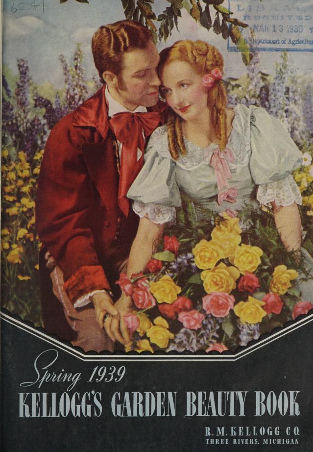 1930s vintage gardening catalog: Kellogg's Garden Beauty Book, Spring 1939 featuring an image of a couple in a flower garden in antique clothing being in Love. 
